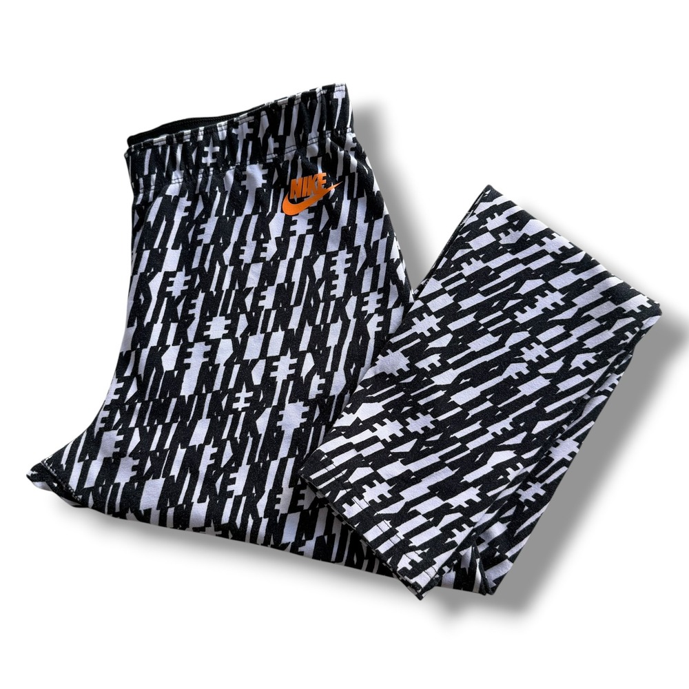 Nike Women L Black White Logo Print Orange Graphic Elastic Wt Legging 746429-010
